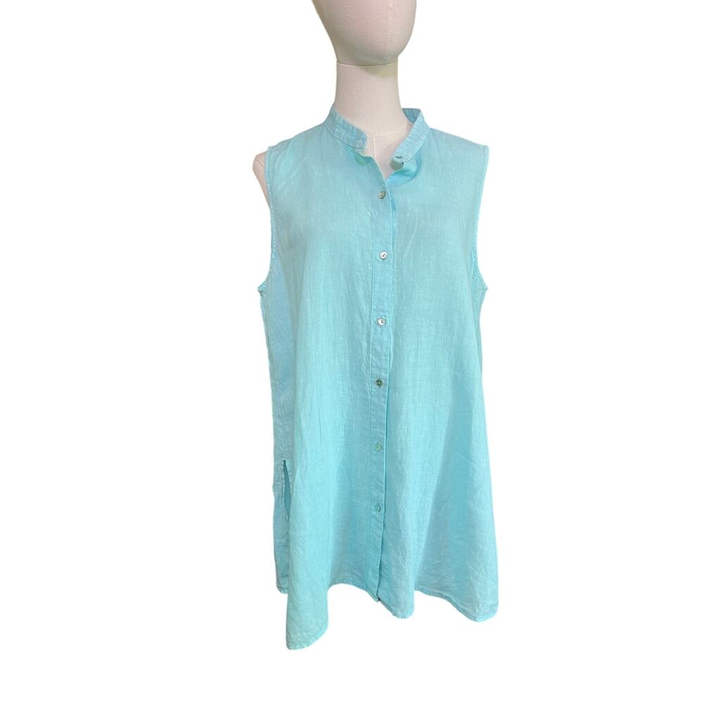 Eileen Fisher Aqua Linen Sleeveless Button Front Tunic Top Women's Large